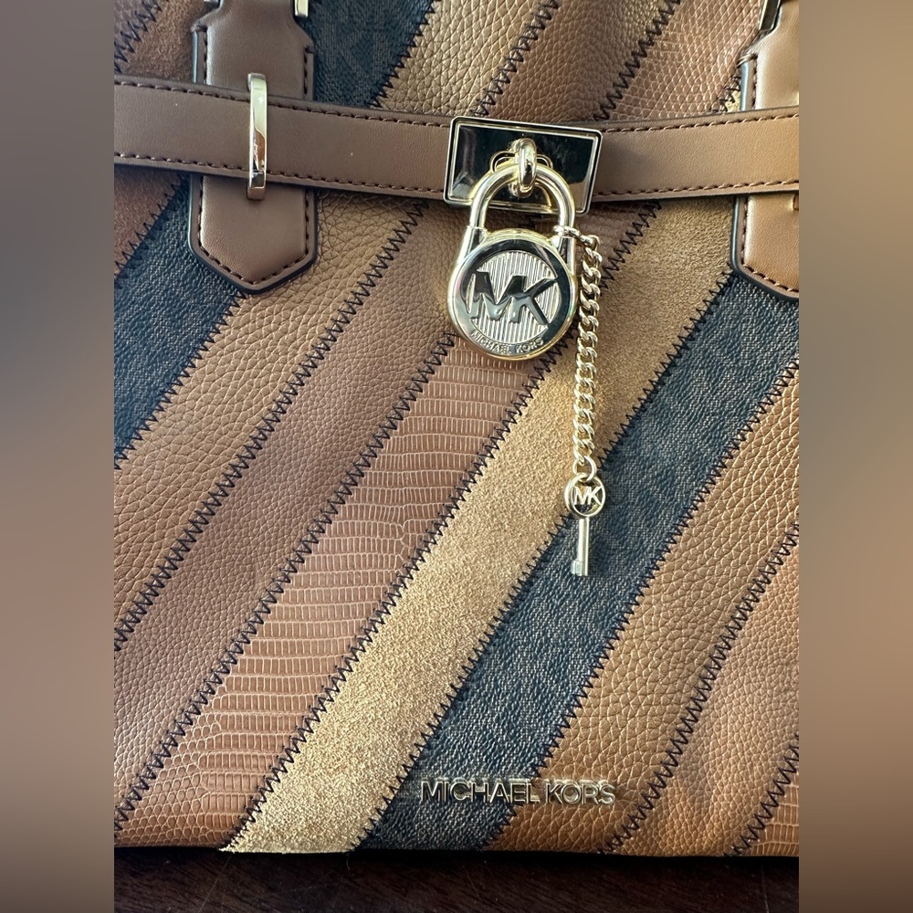 Michael Kors Brown and Tan Diagonal Stripe Leather Satchel - Picture 2 of 16